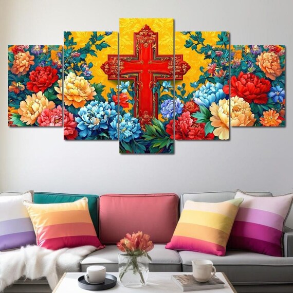 Red Cross Floral Peony Five Panel Christian Golden Wall Art Poster