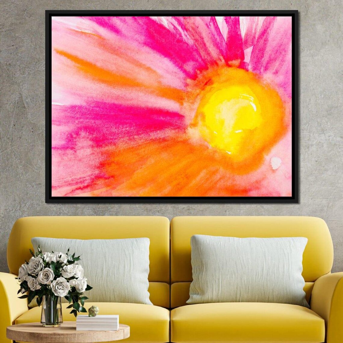 Pink Orange Watercolor Flower Sunburst Petals Bright Floral Art Poster