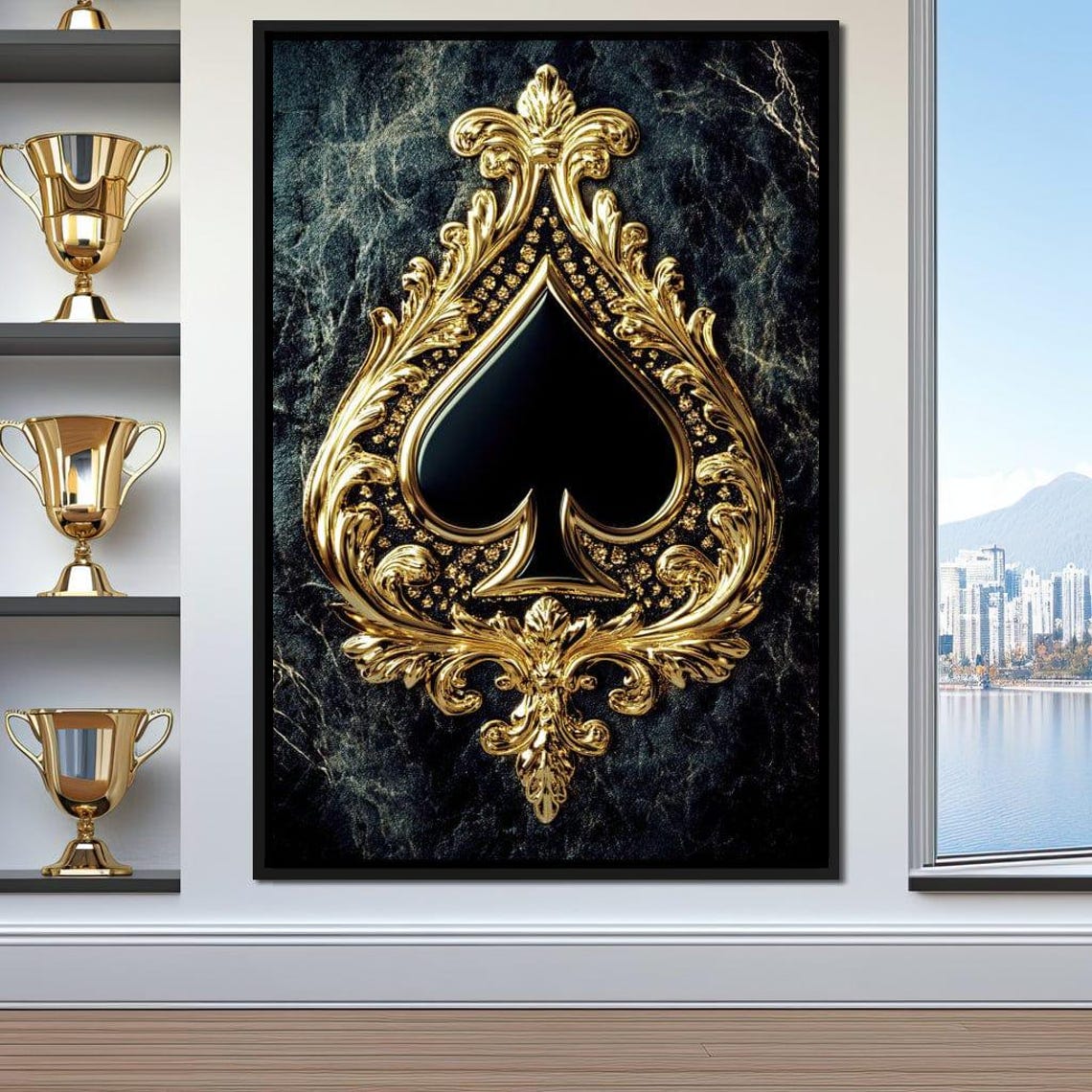 Ornate Gold Baroque Spade Luxury Black Marble Playing Card Poster
