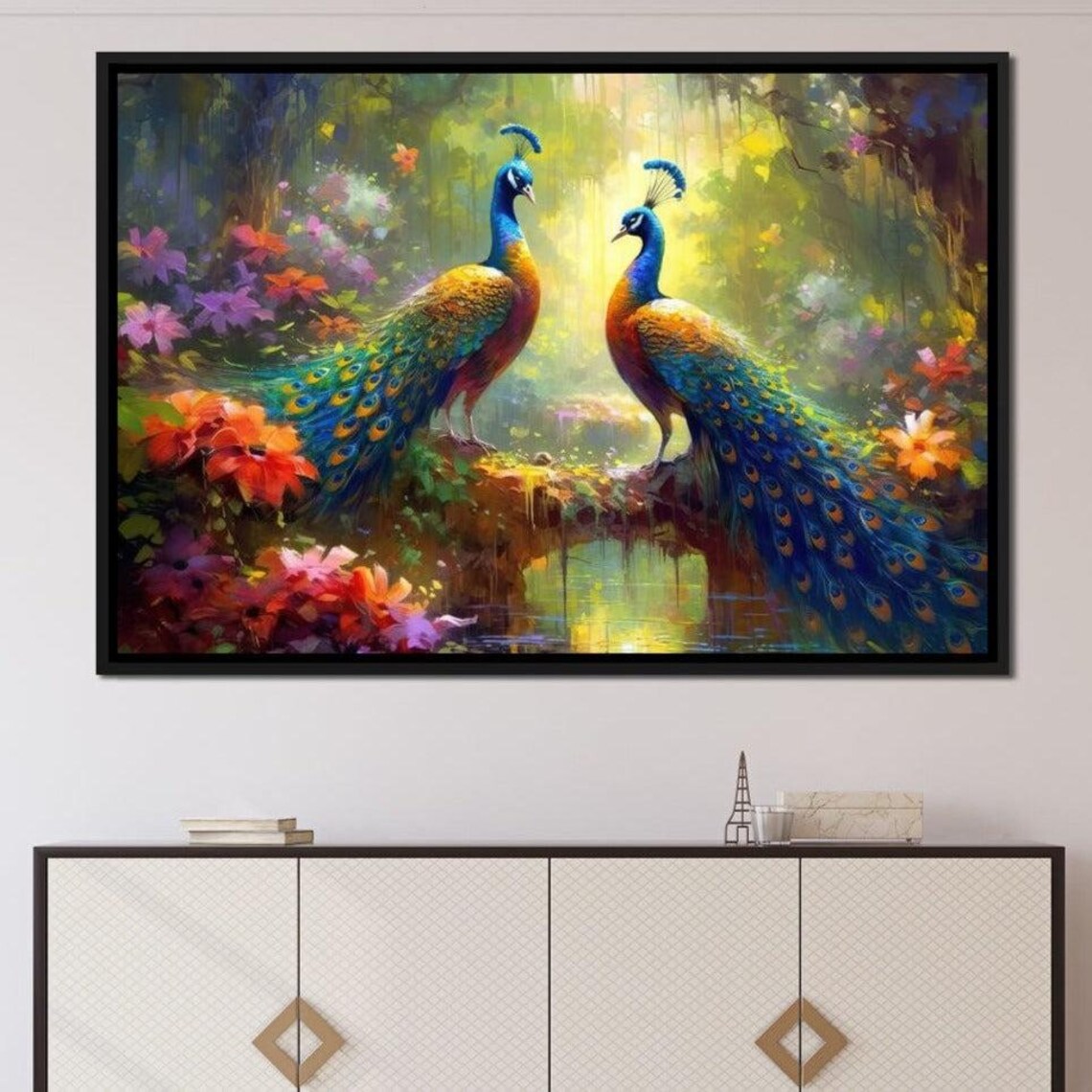 Two Peacocks Lush Tropical Flowers Vibrant Forest Pair Painting Print