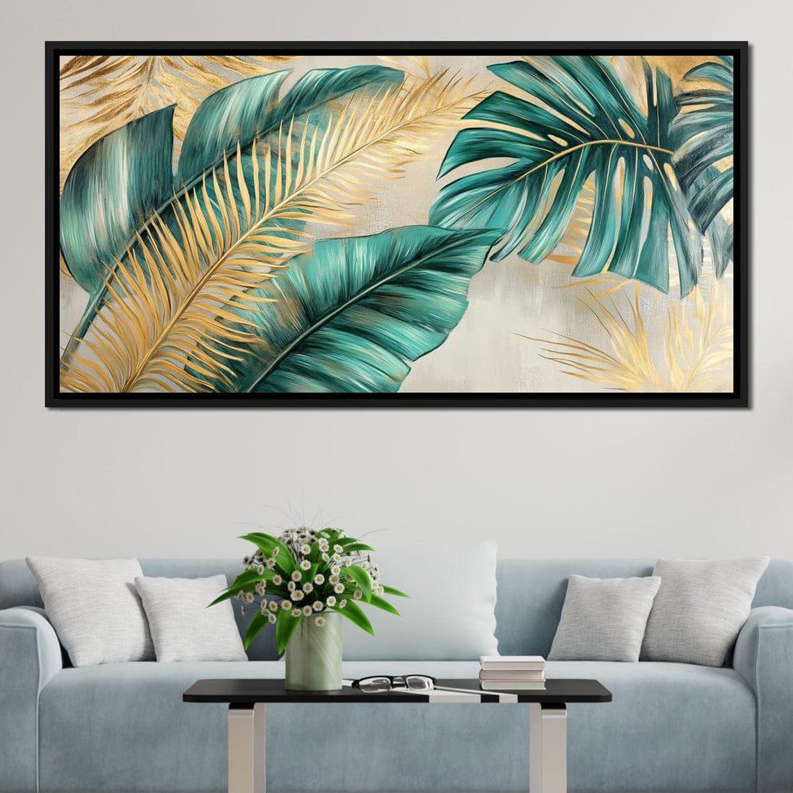 Teal Banana Leaves Gold Palm Fronds Cream Tropical Chic Wall Art - Image 4