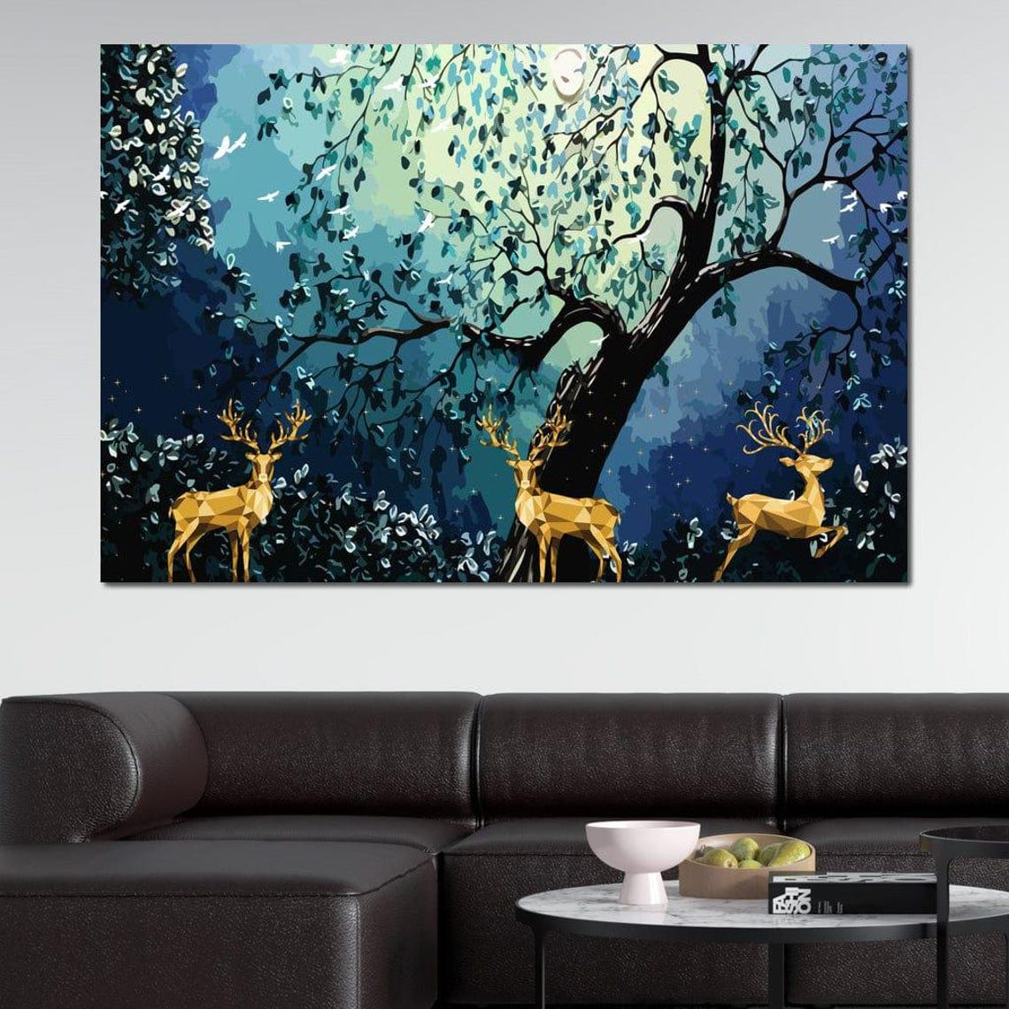 Golden Deer Under Moonlit Tree Night Forest Fantasy Wall Art - Image 2