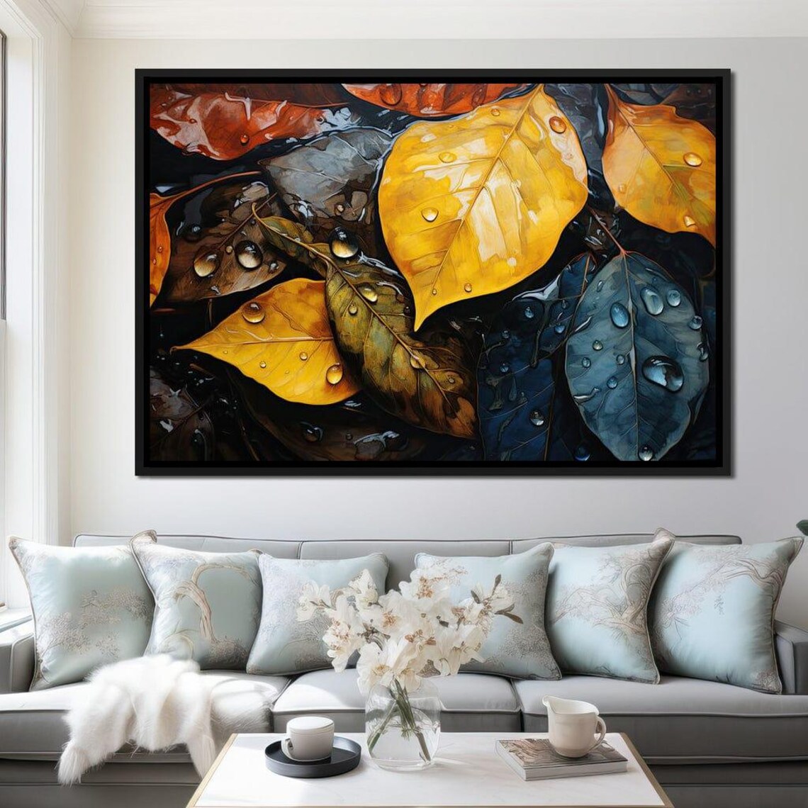 Autumn Leaves Rain Droplets Golden Amber Moody Nature Art Poster - Image 2