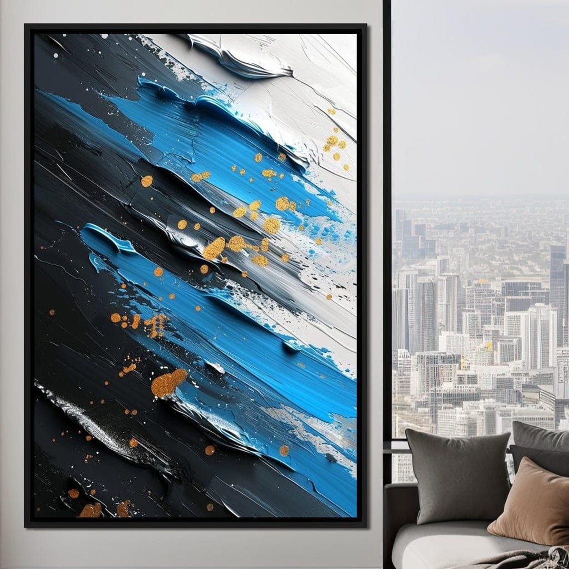 Sapphire Blue Gold Abstract Art Diagonal Brushstroke Dots Wall Poster