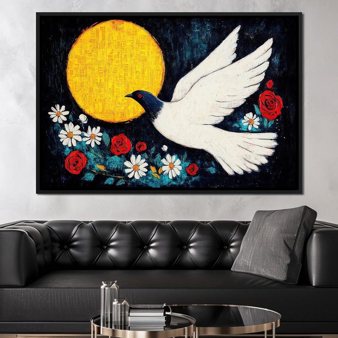 White Dove Golden Moon Night Roses Daisies Serene Flight Bird Poster - Image 3