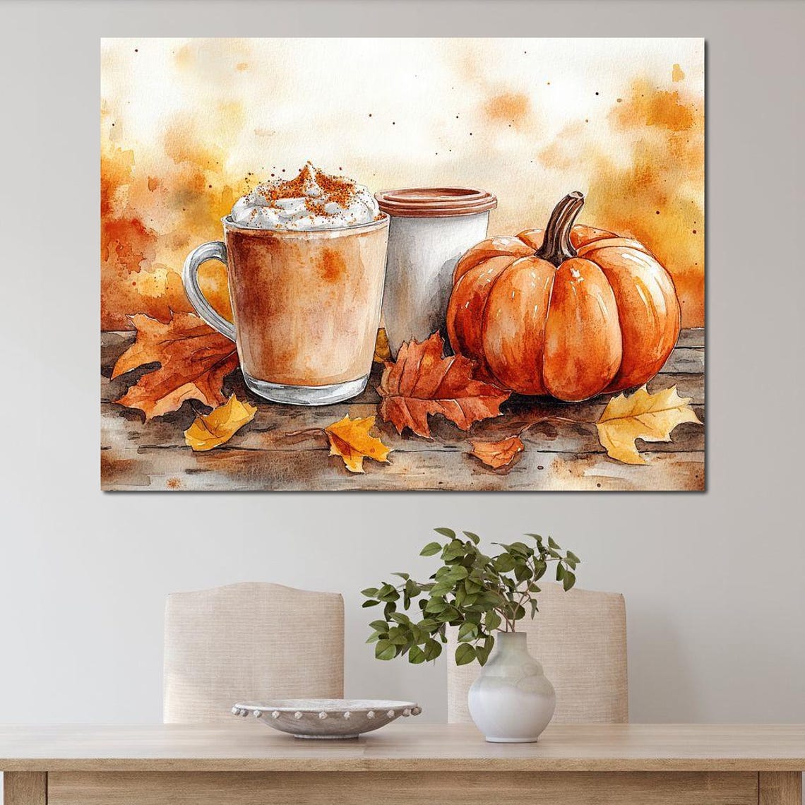 Pumpkin Spice Latte Watercolor Mugs Autumn Leaves Cozy Fall Art Poster - Image 2