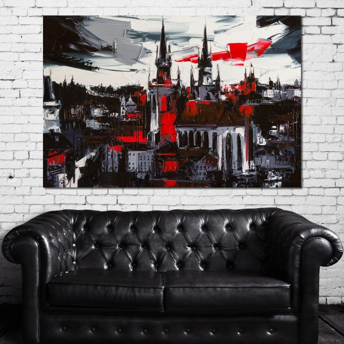 Gothic Cathedral City Skyline Dark Red Oil Painting Urban Art Print - Image 4