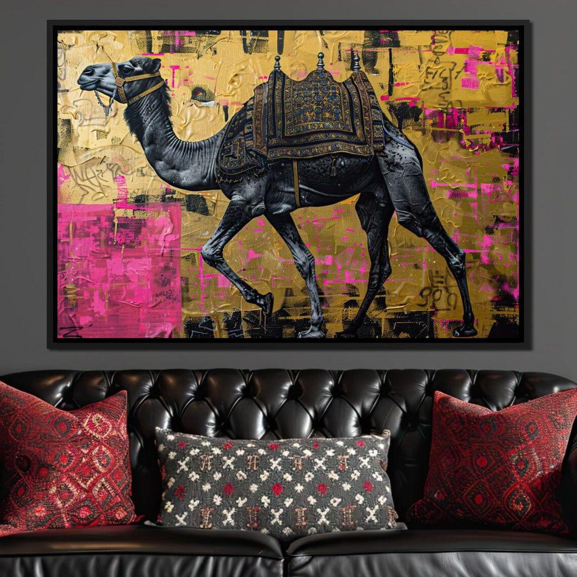Regal Camel Gold Pink Graffiti Background Ornate Saddle Wall Art Print - Image 3