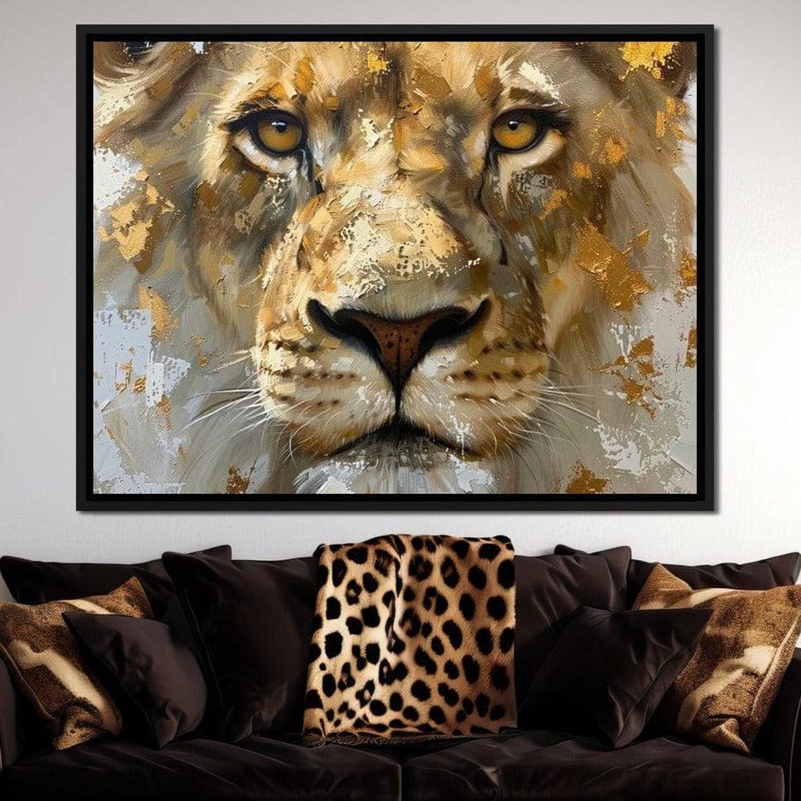Golden Gaze Of The Sovereign Lion Wall Art Regal Home Decor Majestic Animal Print Safari Themed Art Gold Accent By Nichecanvas