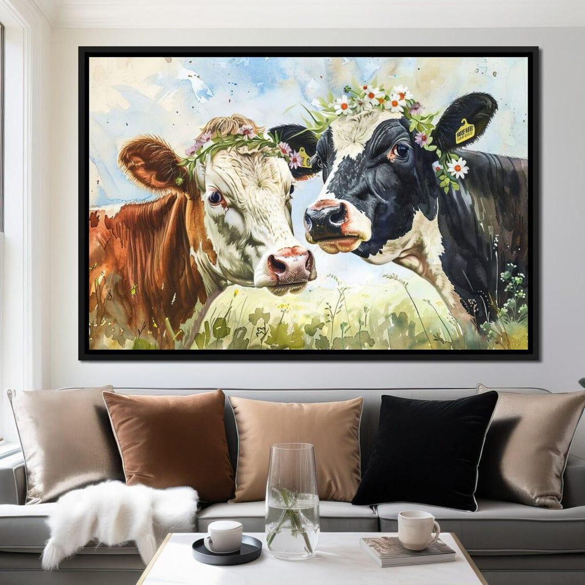 Sweet Cows Flower Crowns Meadow Watercolor Farmhouse Wall Art Poster