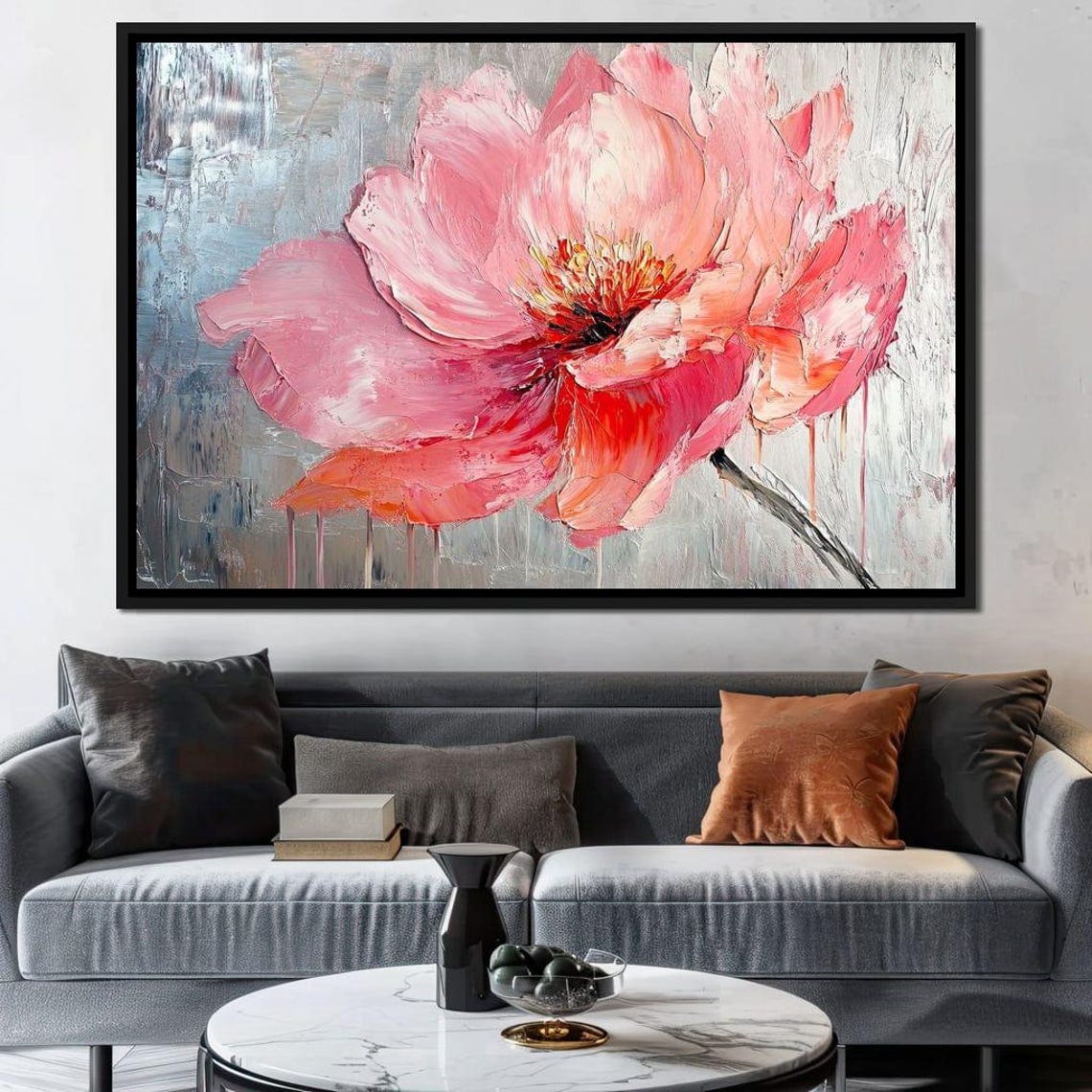 Blush Pink Peony Gray Textured Background Drip Floral Art Print - Image 3