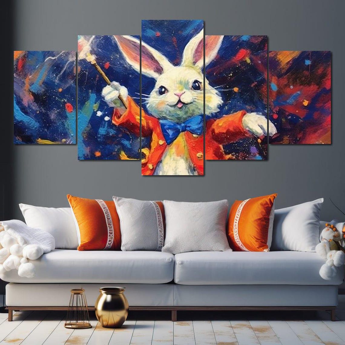 Bunny Magician Wand Red Coat Blue Bowtie Whimsical Kids Art Print - Image 4
