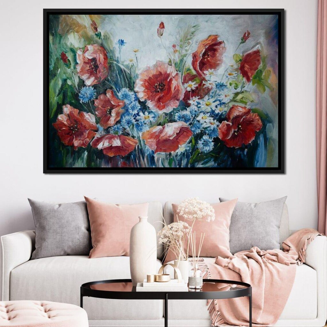 Red Poppies Blue Cornflowers Oil Painting Wildflower Meadow Print - Image 3