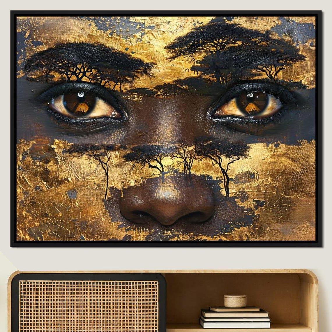 Golden Savanna Eyes Mystical Acacia Tree Double Exposure Wall Art - Image 2