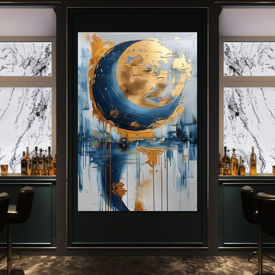 Abstract Gold Crescent Moon Blue Drips Elegant Modern Art Poster
