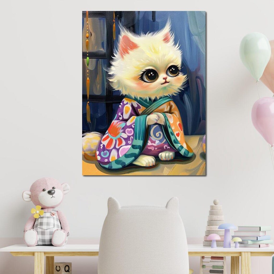 Cute White Kitten Kimono Robe Colorful Whimsical Kids Room Wall Art Poster - Image 3