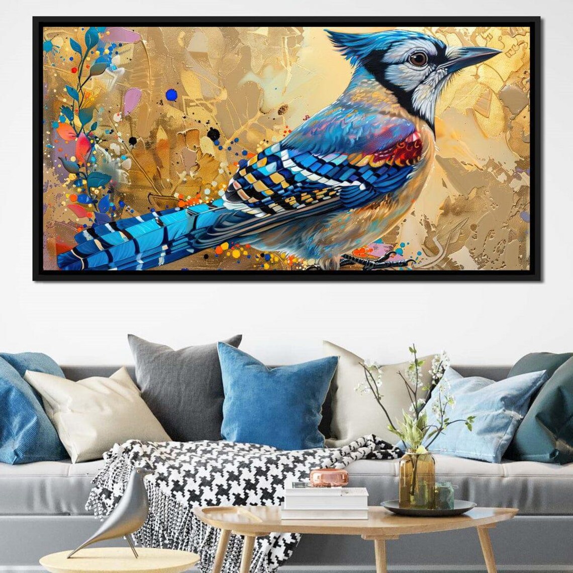 Vibrant Blue Jay Bird Colorful Floral Golden Art Animal Wall Poster
