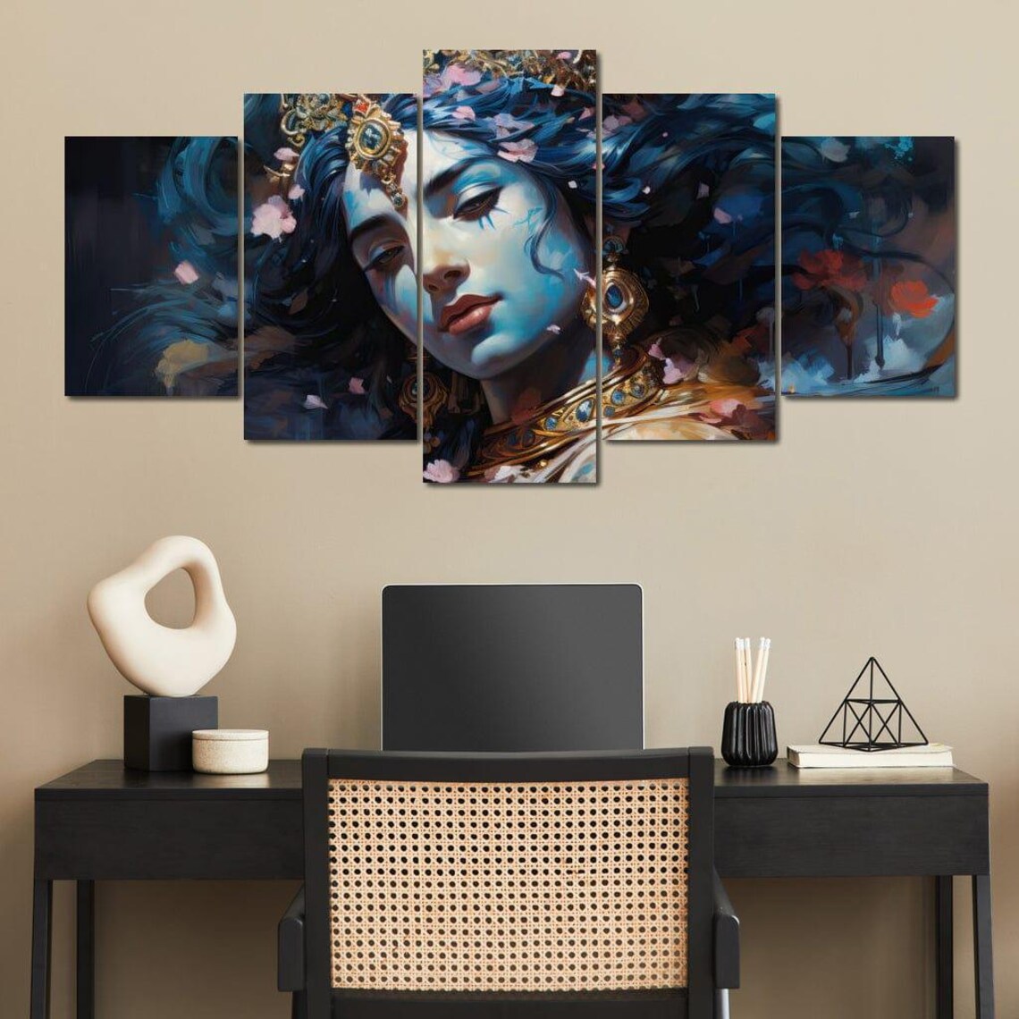 Ethereal Blue Hindu Goddess Golden Crown Floral Mystical Wall Art - Image 4