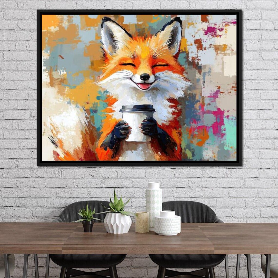 Happy Orange Fox Holding Coffee Cup Colorful Abstract Cute Animal Poster - Image 3
