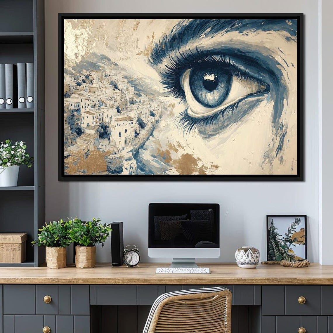 Surreal Blue Eye Over Mediterranean Coastal Town Gold Wall Art - Image 2