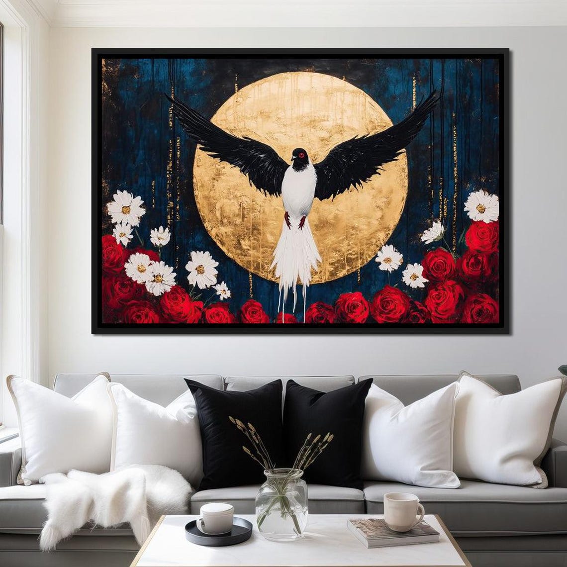 Black White Bird Gold Moon Red Roses Midnight Floral Elegant Poster - Image 3