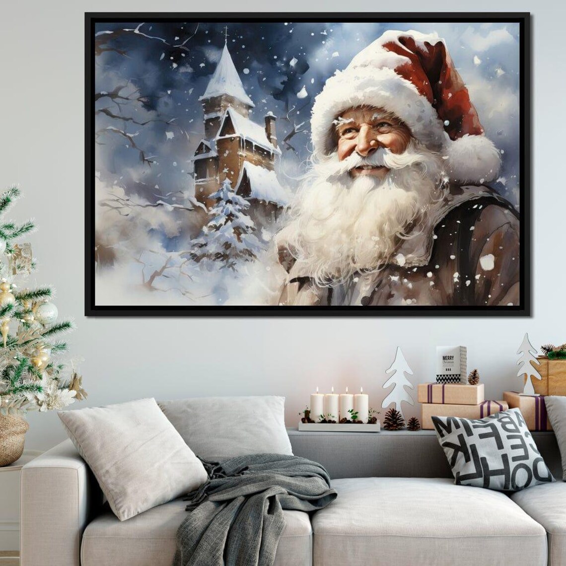 Santa Claus Snowy Village Church Watercolor Nostalgic Christmas Poster