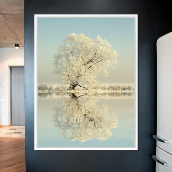 Winter Tree By The Lake Serene Art Piece Frosty Landscape Tranquil Scene Minimalist Nature Winter Wall Decor By Nichecanvas