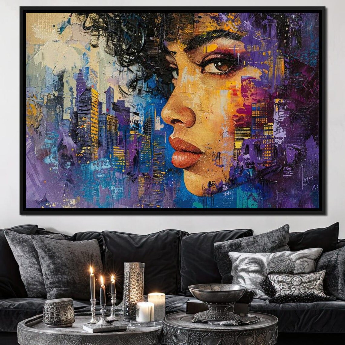 Night City Skyline Woman Profile Purple Blue Wall Art Poster