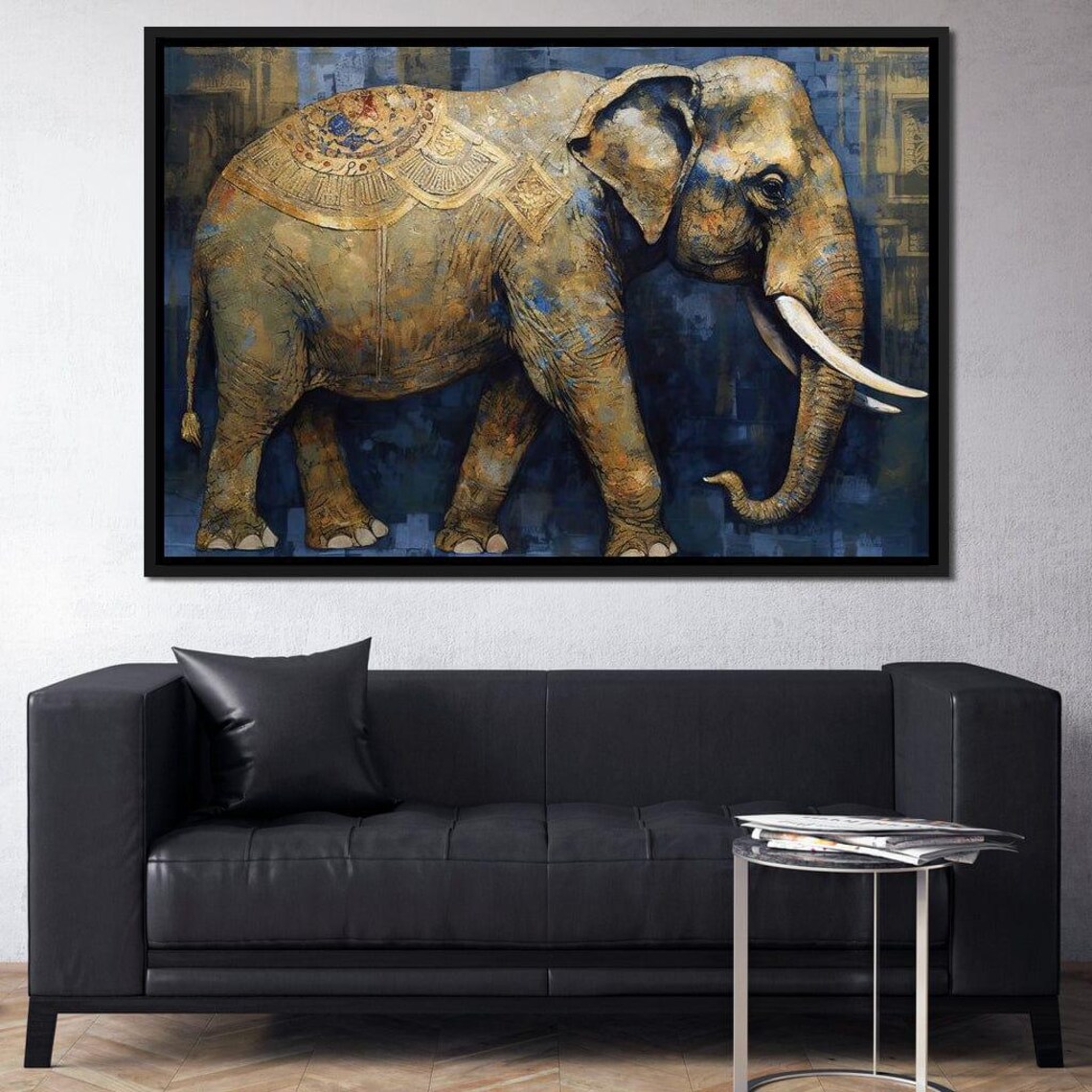 Majestic Elephant Textured Gold Blue Walking Wildlife Wall Art - Image 4