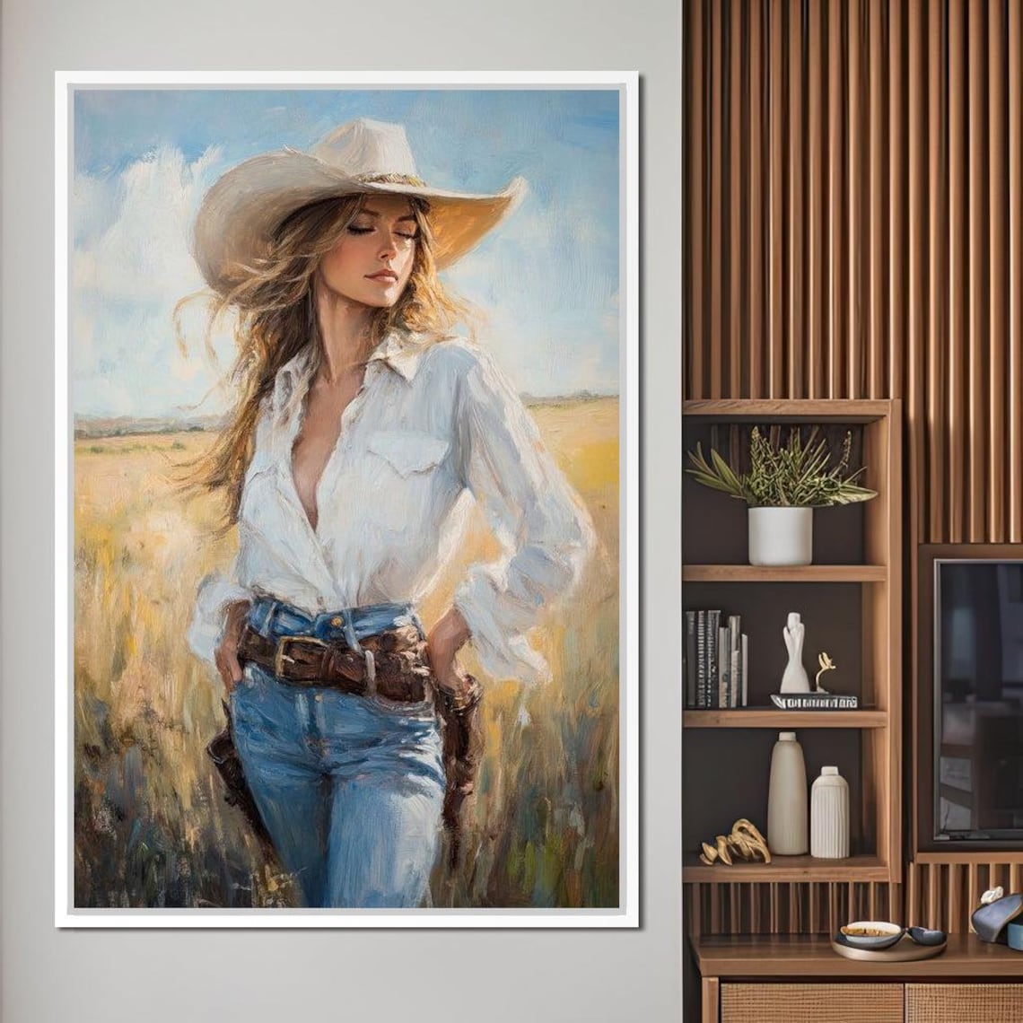 Sunlit Cowgirl White Hat Golden Wheat Field Western Art Poster - Image 3