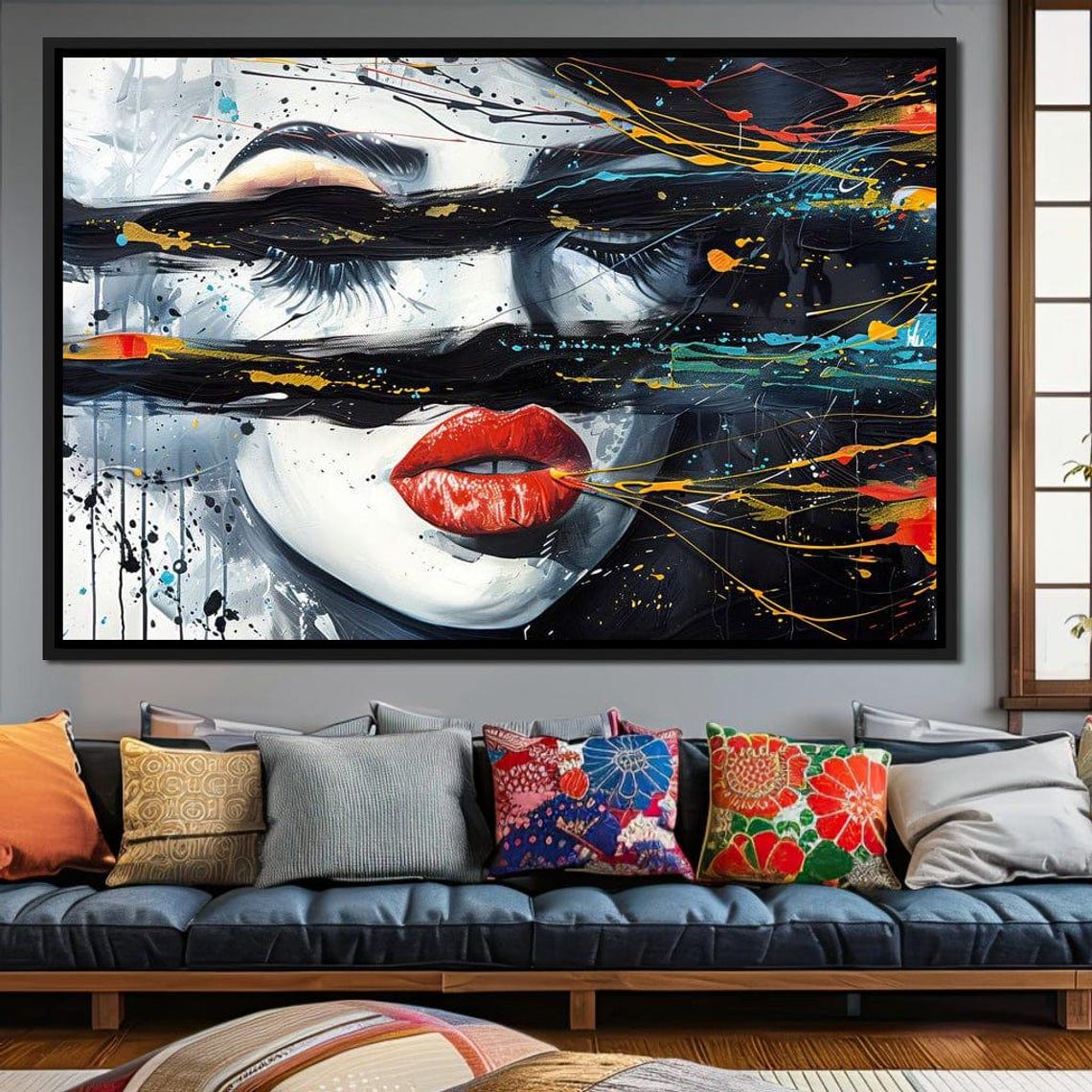 Urban Siren Abstract Face Bold Red Lips Gray Splatter Graffiti Poster