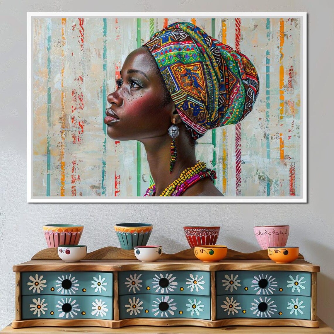 African Woman Colorful Headwrap Beaded Jewelry Portrait Wall Art