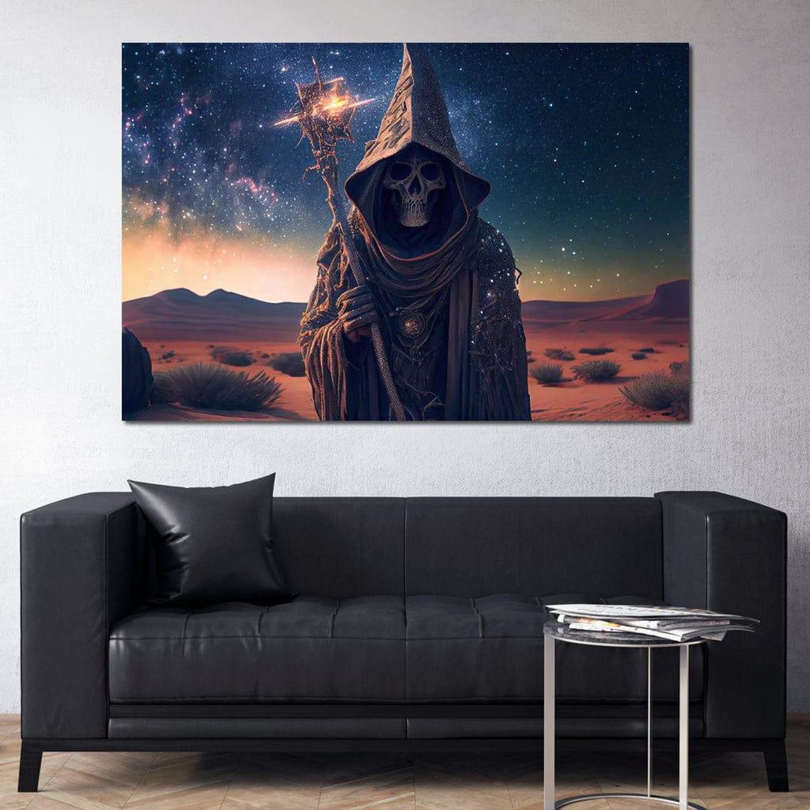 Skeleton Wizard Staff Desert Night Starry Sky Dark Fantasy Wall Art - Image 3