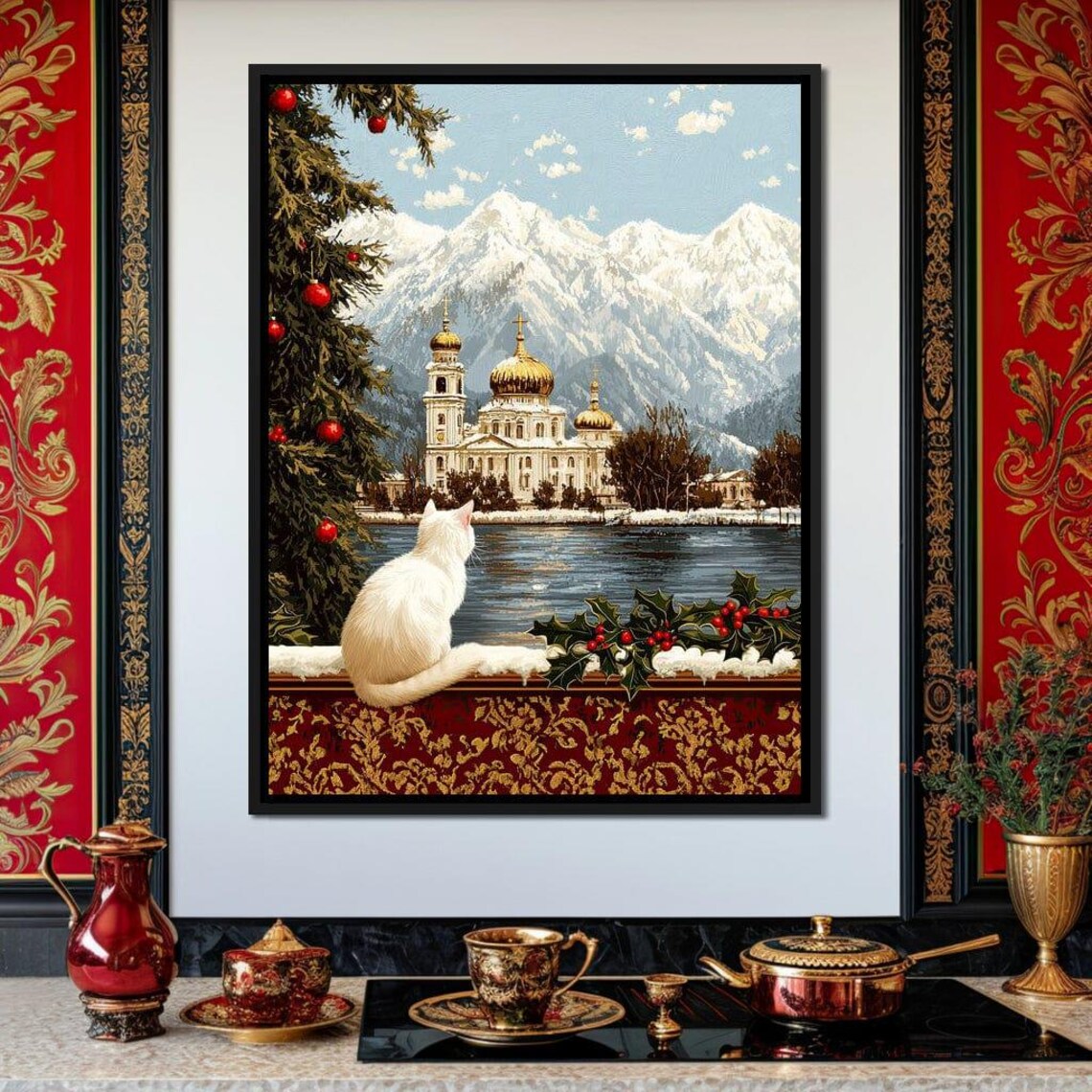 White Cat Gazing At Golden Domed Church By Snowy Lake Winter Poster - Image 4