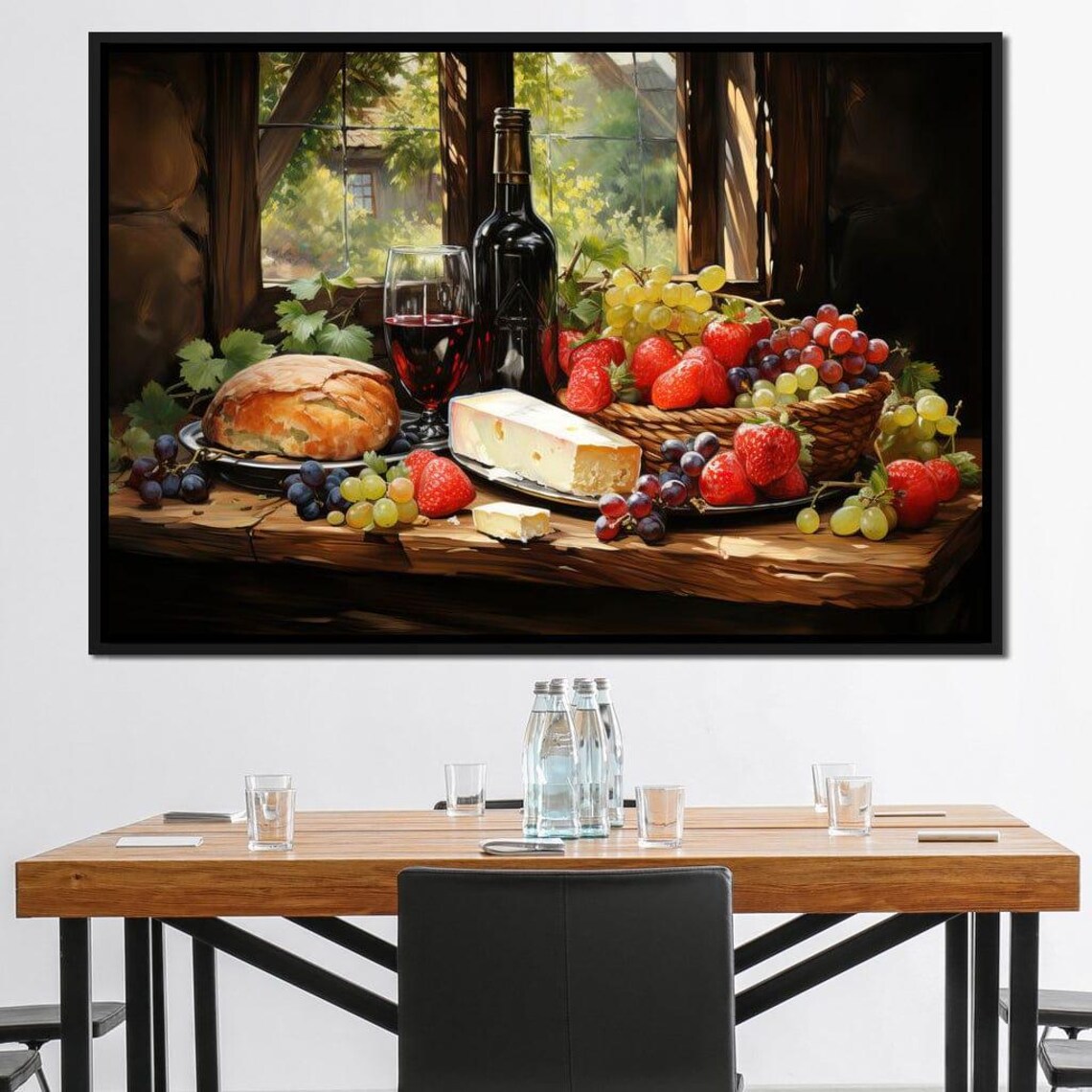 Rustic Wine Cheese Bread Still Life Harvest Fruit Feast Kitchen Wall Art - Image 3