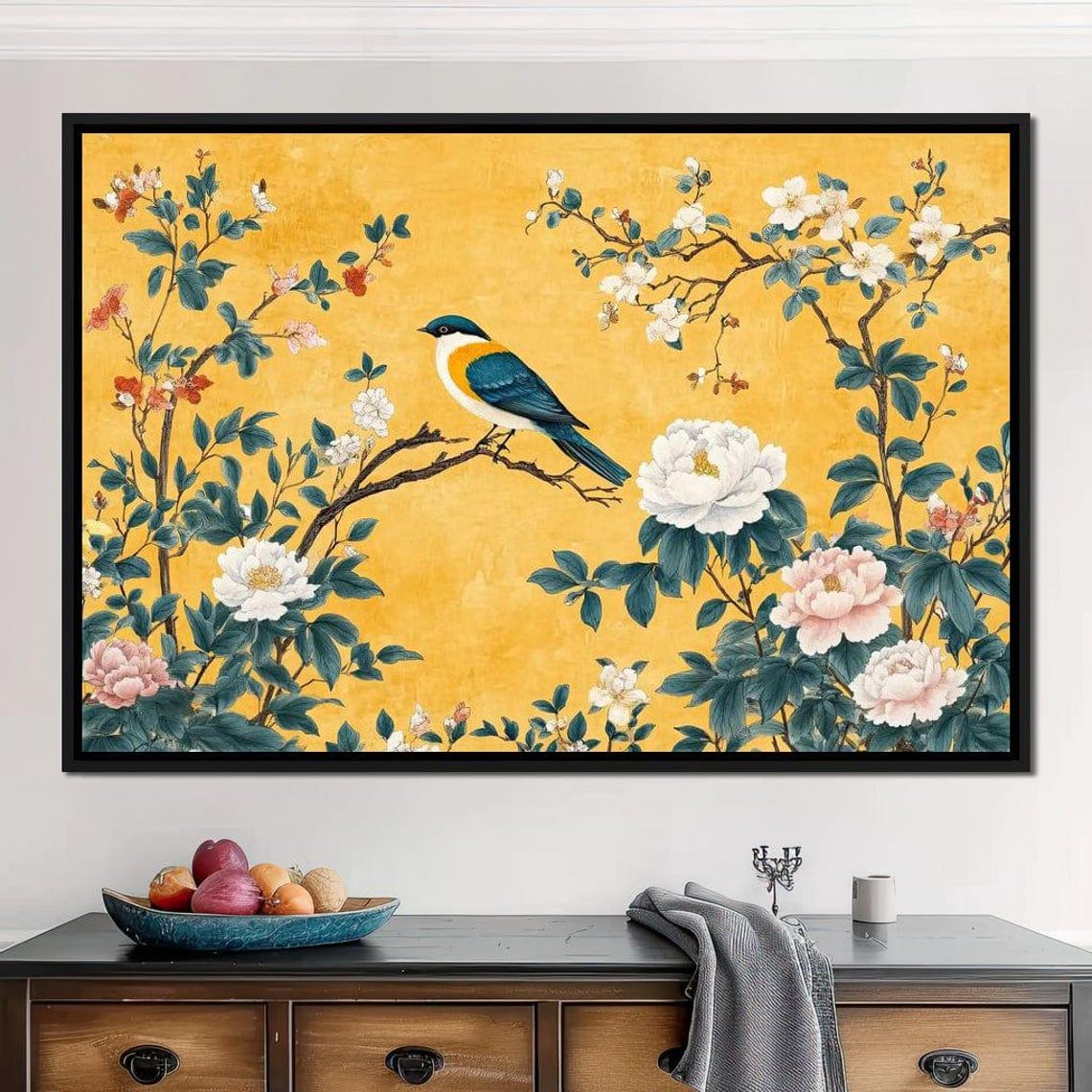 Blue Songbird Perched On Blossoming Peony Branches Gold Backdrop Print - Image 4