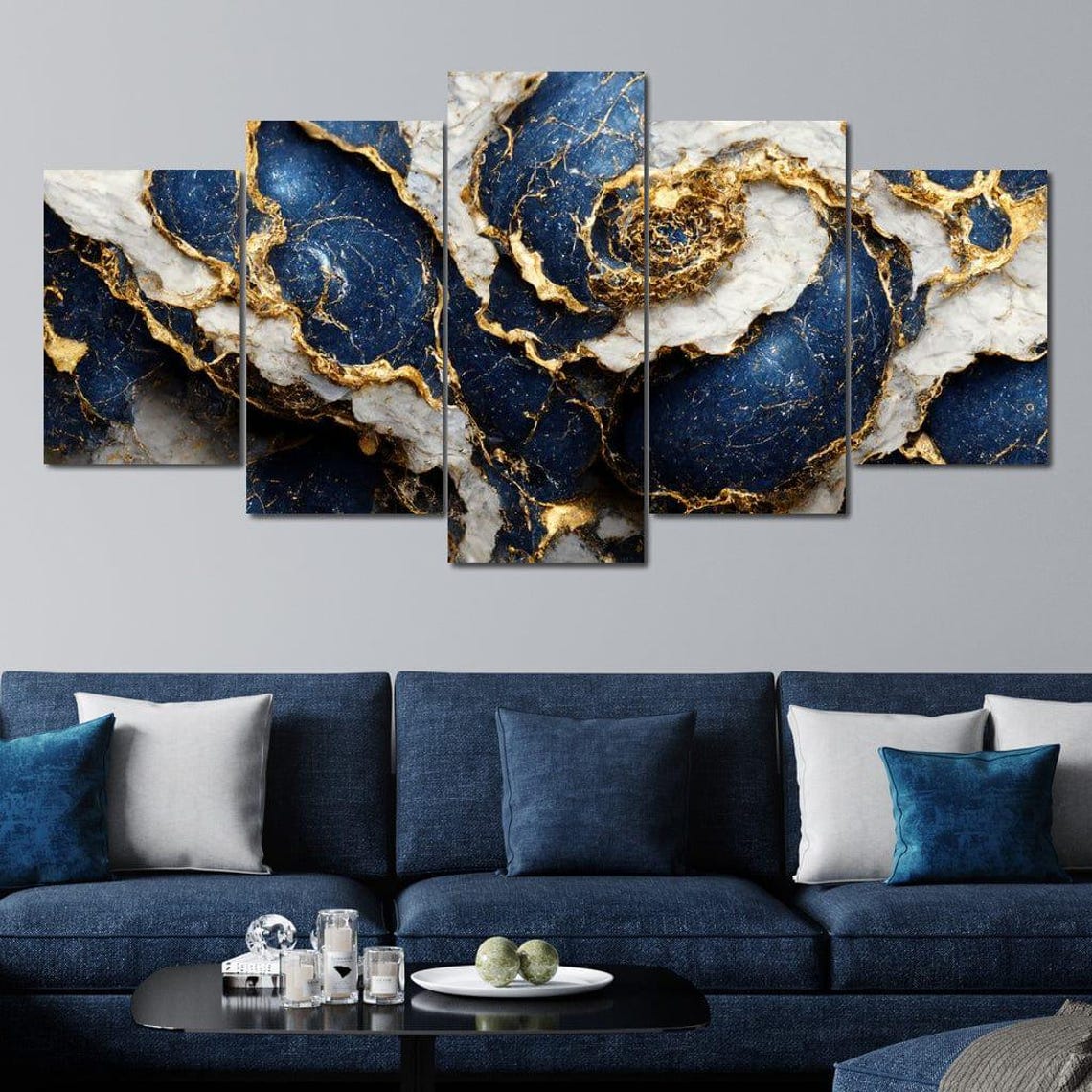 Navy Blue White Gold Marble Five Panel Luxury Abstract Wall Art