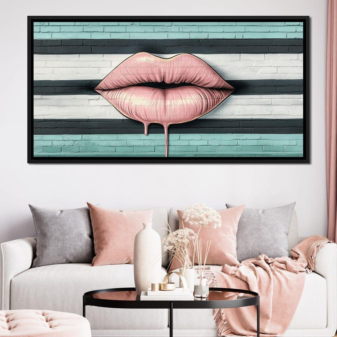 Pink Dripping Lips Pop Art On Teal Striped Brick Wall Modern Poster - Image 3