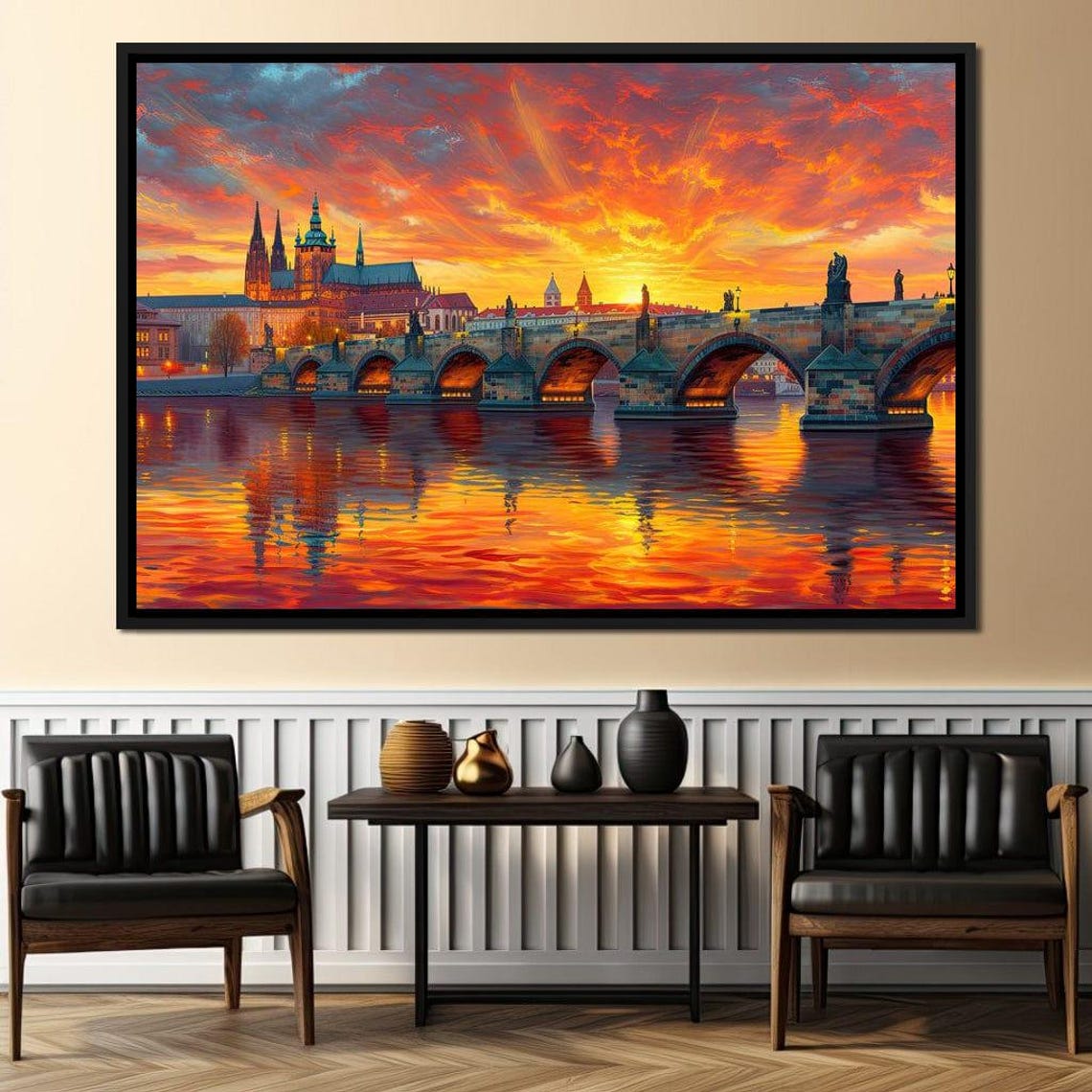 Prague Charles Bridge Sunset Fiery Sky River Reflections Travel Poster - Image 3