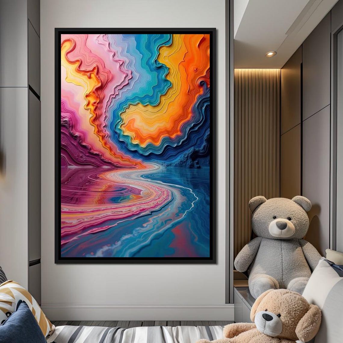 Abstract Flowing Color Waves Rainbow Texture Vibrant Modern Art Poster
