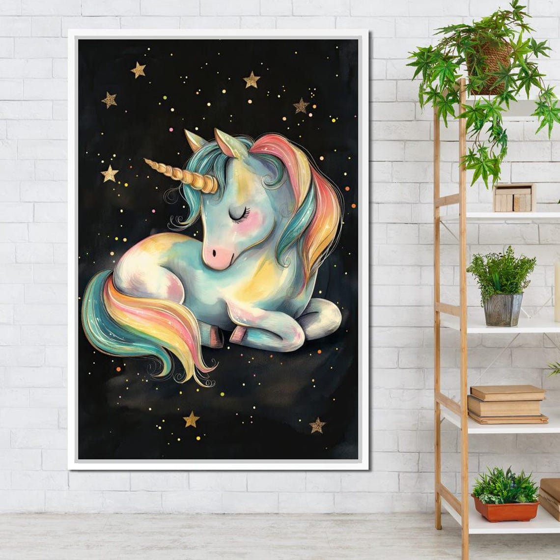 Sleeping Pastel Unicorn Rainbow Mane Starry Night Kids Art Poster - Image 2