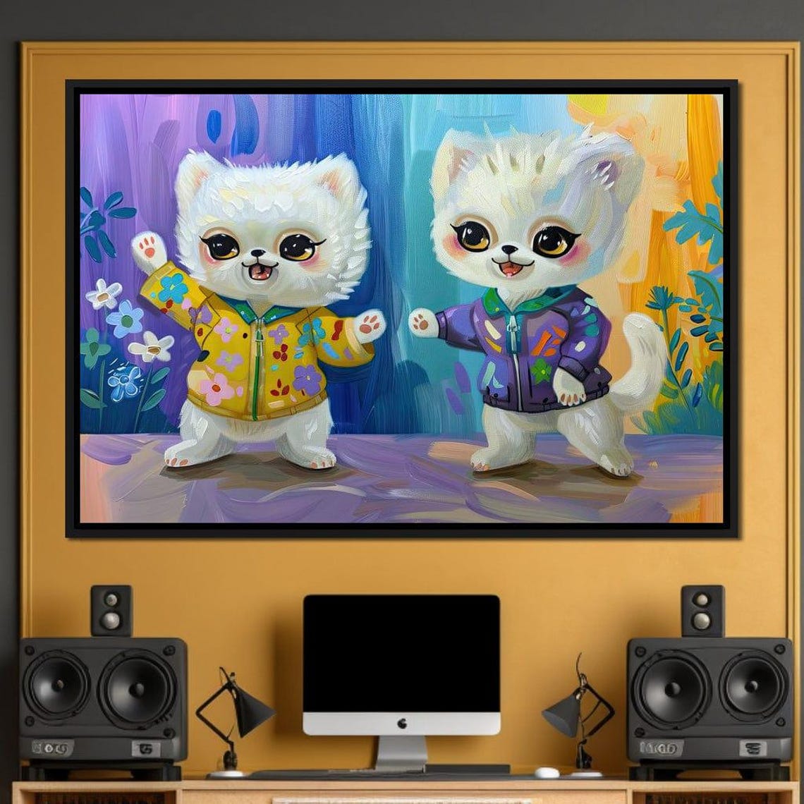 Two Cute Kittens In Colorful Jackets Whimsical Animal Painting Print - Image 2