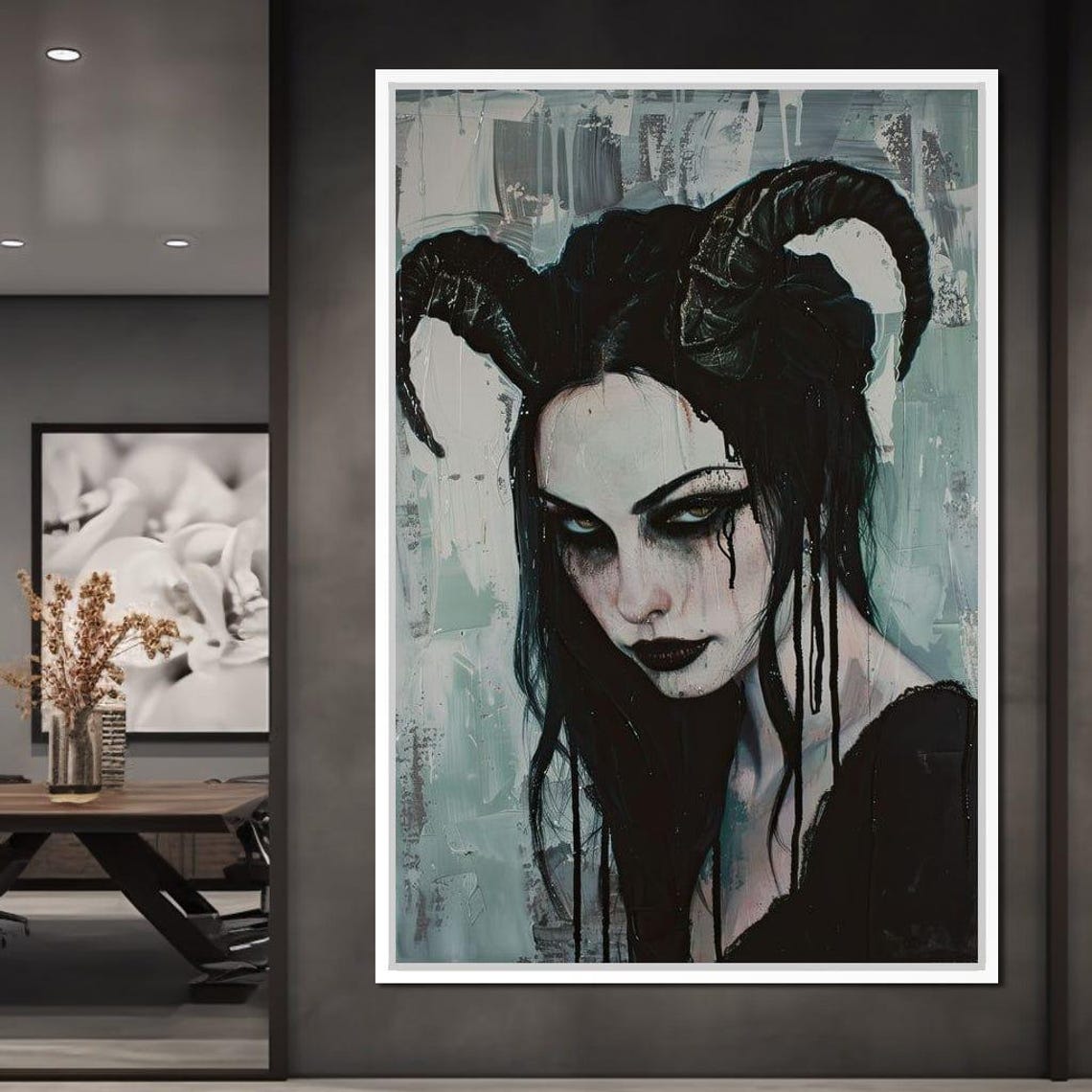 Gothic Horned Demon Woman Dark Fantasy Portrait Horror Wall Art - Image 2