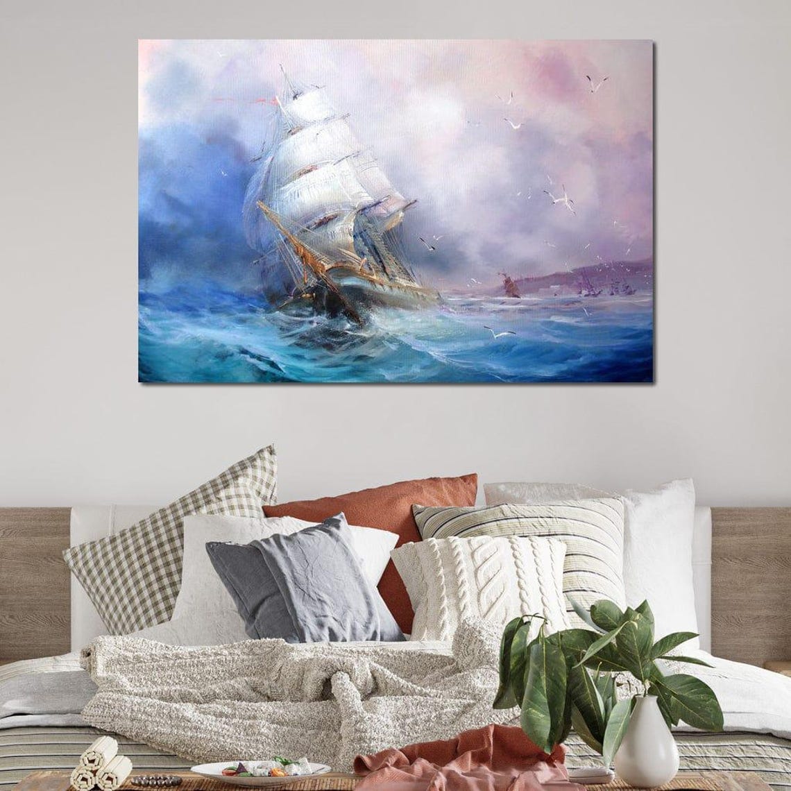 Tall Sailing Ship Ocean Waves Blue Purple Nautical Seascape Wall Art - Image 3