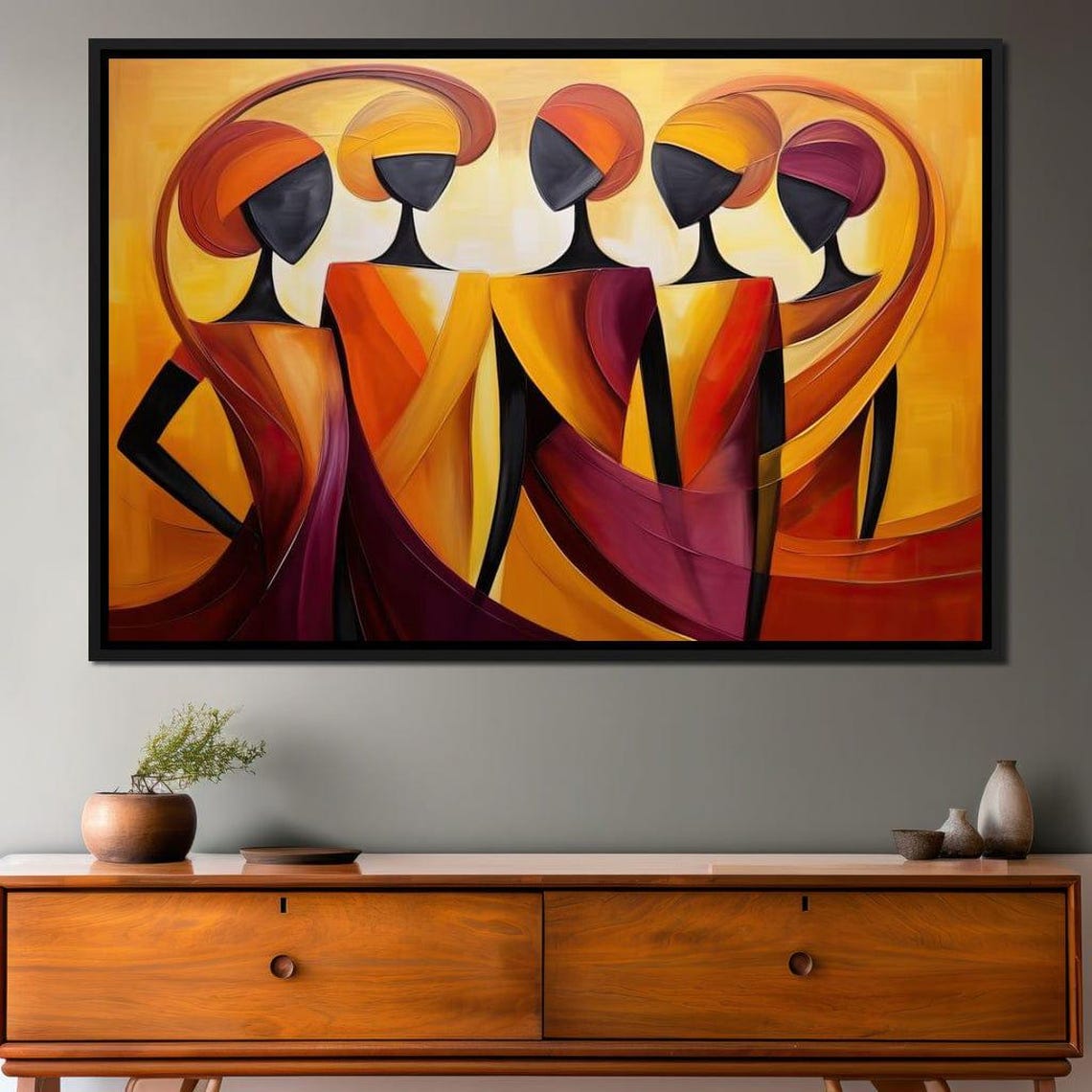 Abstract African Sisterhood Warm Orange Flowing Figures Wall Art
