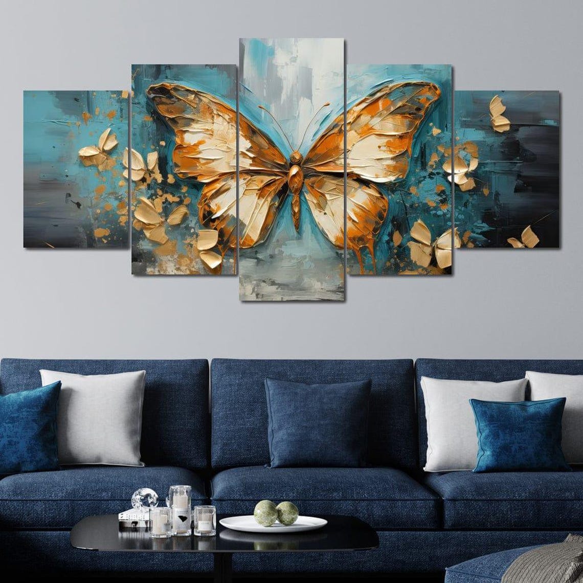 Golden Butterfly Teal Abstract Background Elegant Modern Nature Poster - Image 4