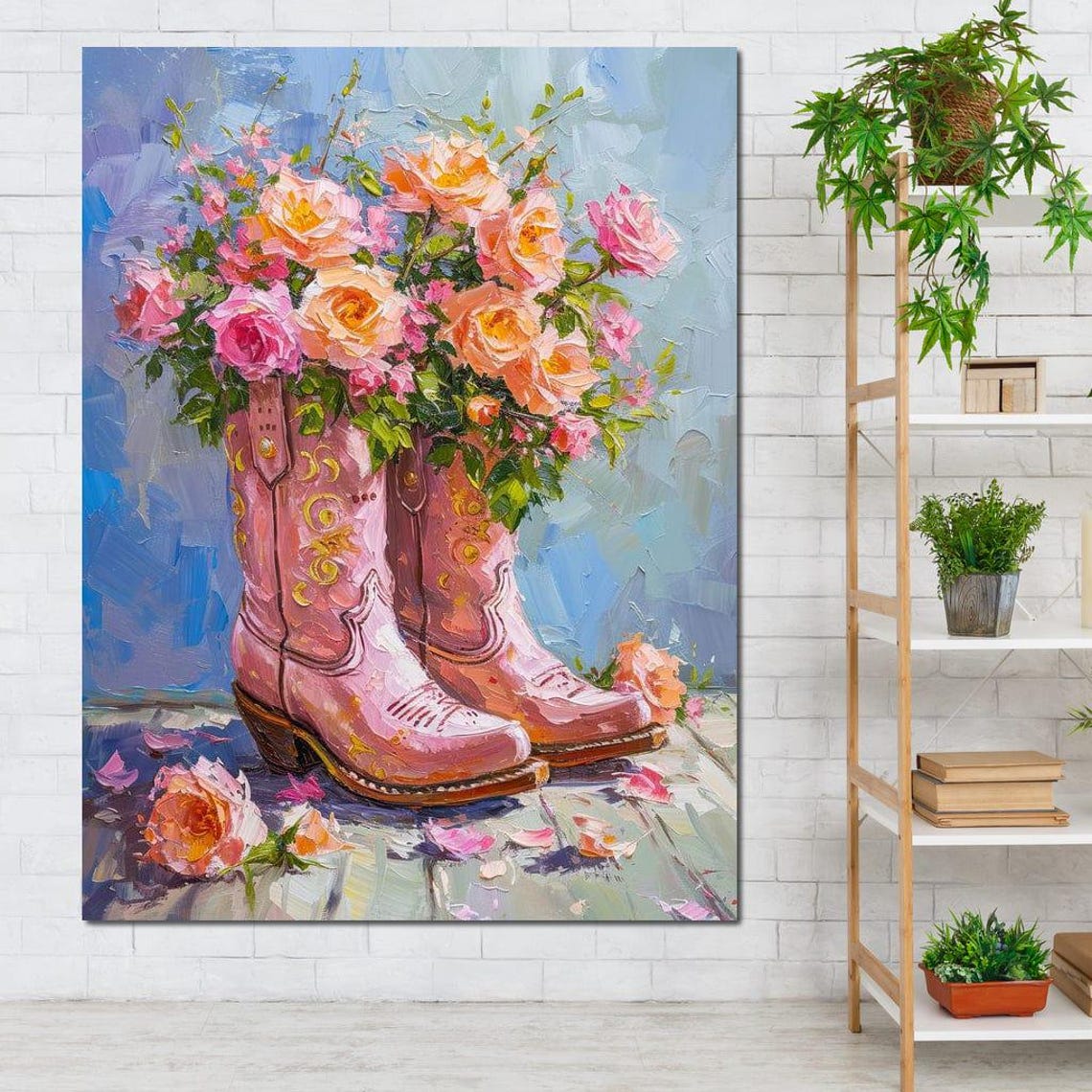 Pink Cowboy Boots Roses Impasto Floral Western Chic Wall Poster - Image 2