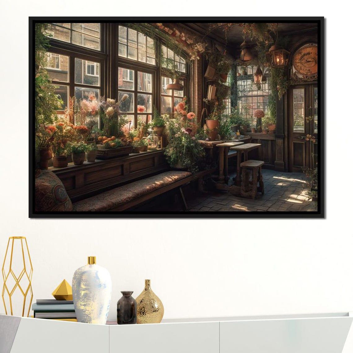 Rustic Plant Filled Cafe Interior Five Piece Split Canvas Wall Art - Image 3