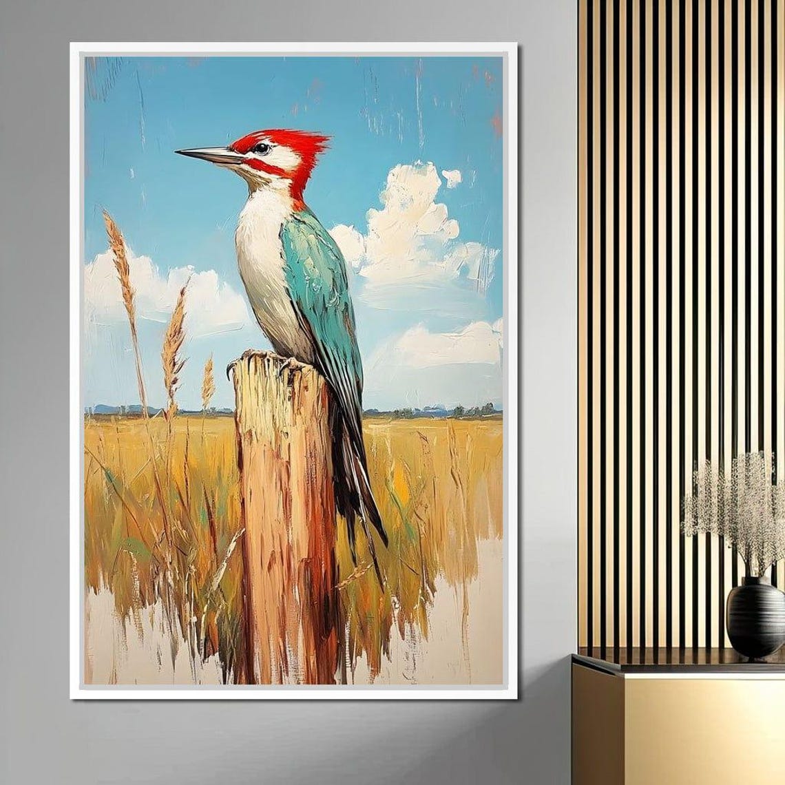 Red Crested Woodpecker Perched High In A Golden Meadow Poster - Image 4