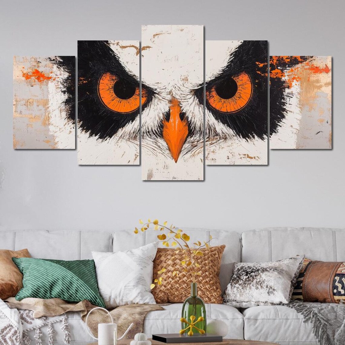 Fierce Owl Face Close Up Orange Eyes Black White Wildlife Art Poster - Image 4